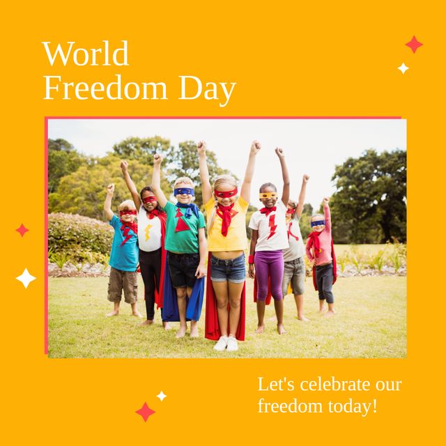 Young children of various backgrounds wear capes and stand outdoors celebrating World Freedom Day. The colorful attire symbolizes victory and freedom through play and imagination. The scene represents themes of diversity, unity, and joy fitting for campaigns promoting global justice and educational activities around freedom-related topics.