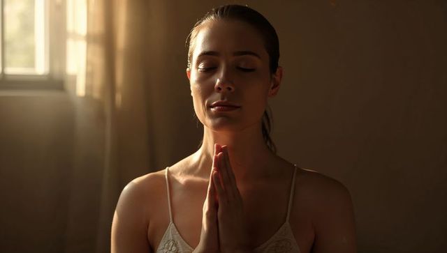Sunlit meditation of woman practicing mindfulness and prayer with closed eyes, serene