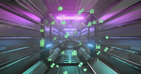 Futuristic Financial Data Icons in High-Tech Tunnel