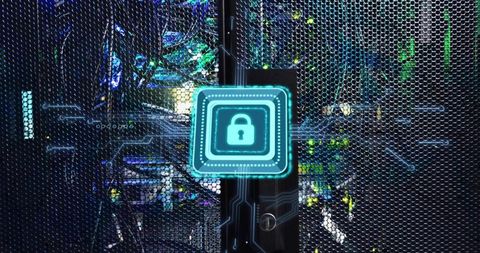 Digital padlock overlay on server racks for cybersecurity