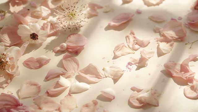 Soft pink rose petals scattered on cream paper with delicate white blooms and seed head