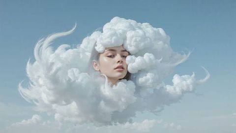 Surreal Female Face Blending with Ethereal Clouds in Sky