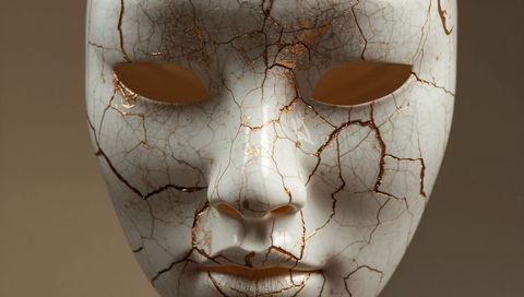 Porcelain mask showing gold kintsugi veins close-up, symbolizing fragile beauty
