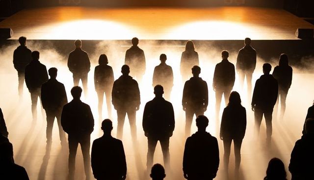 Silhouetted ensemble standing in backlit fog before raised stage under dramatic spotlights