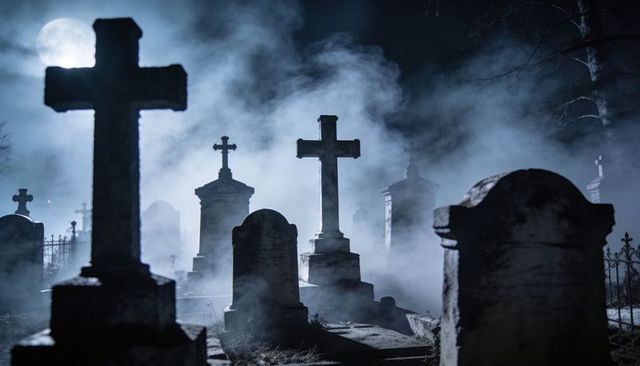 Moonlit fog shrouding historic cemetery crosses and tombstones at night