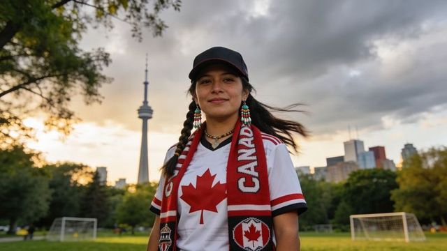 Young woman celebrating canada pride wearing jersey and scarf in toronto with cn tower at sunset