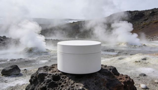 White cylindrical cosmetic jar on volcanic rock with steam vents for product mockup