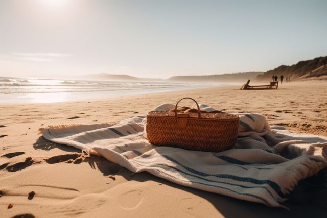 White blanket with picnic basket on beach, created using generative ai technology. Seaside landscape, vacation, leisure, summer and nature concept digitally generated image.