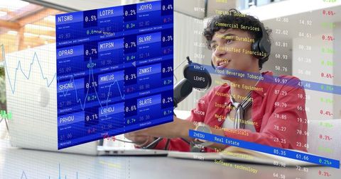 Young broadcaster recording finance podcast with stock market tickers and data overlays