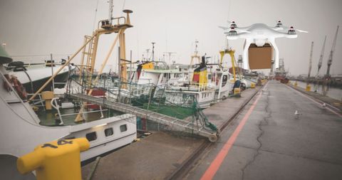 Drone Delivery of Package to Busy Port with Ships - Download Free Stock Images Pikwizard.com