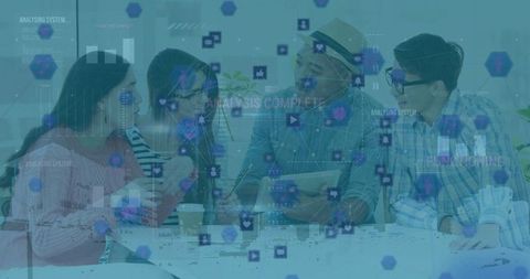 Colleagues Collaborating with Technological Analytics Overlay