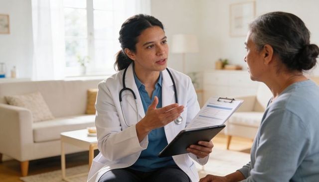 Female physician explaining treatment plan to senior patient during in-home consultation