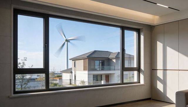 Modern living room framing two-story house and spinning wind turbine outside large window