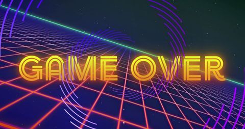 Retro Neon Game Over Sign with Abstract Grid Background