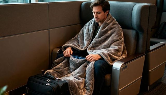 Man sitting in airport lounge holding plush gray quilted blanket over lap with carry-on