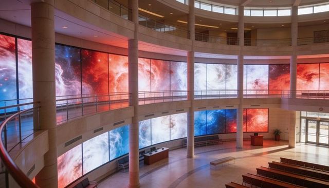 Curved led videowall wrapping circular rotunda displaying red and blue nebula visuals