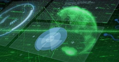 Rotating Green Holographic Globe on Futuristic HUD with Radar Disc and Data Grid