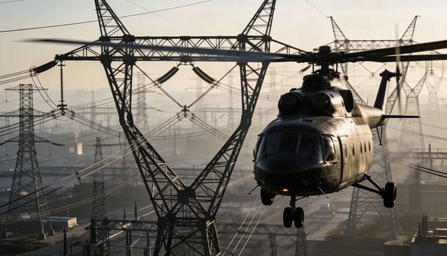 Military helicopter skimming high-voltage power corridor at dusk with rotors spinning