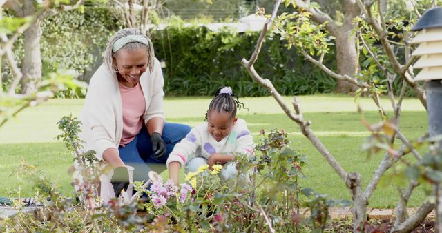 Grandmother and Granddaughter Bonding Over Gardening in Sunny Yard - Download Free Stock Images Pikwizard.com