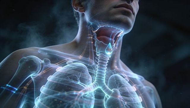Holographic respiratory system revealing lungs and trachea in translucent male torso