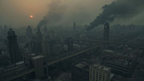 Urban Pollution in Industrial District with Thick Smog and Dense Skyline