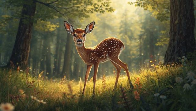 Curious fawn standing in sunlit forest clearing with wildflowers and dappled sunlight
