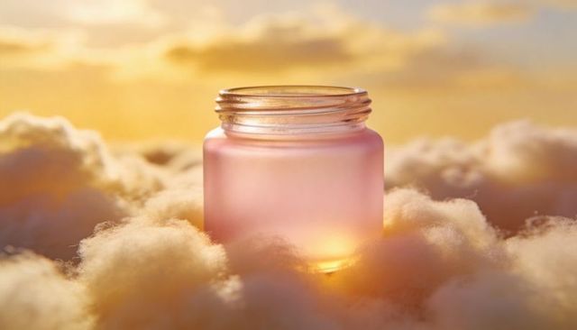 Frosted pink glass jar floating on cloud bed emitting warm golden glow