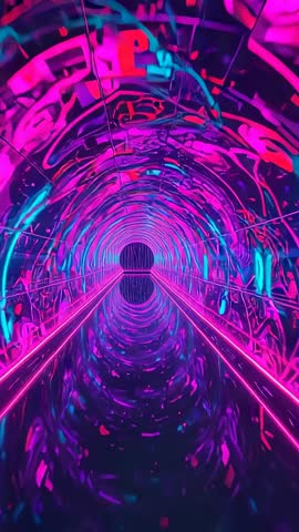 Gliding Through Neon Tunnel with Reflective Rails — Vertical Futuristic Light Journey