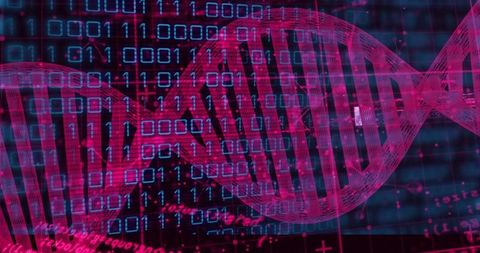 Neon DNA Data Stream Gliding Through Binary Code for Genomics Health Biotech Visualization