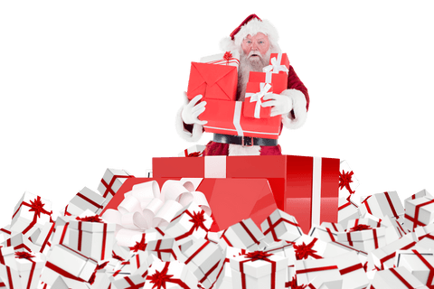 Transparent santa carrying pile of red christmas gifts