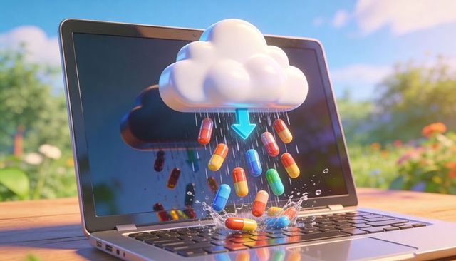Cloud raining multicolored capsules onto laptop keyboard for digital pharmacy and healthtech
