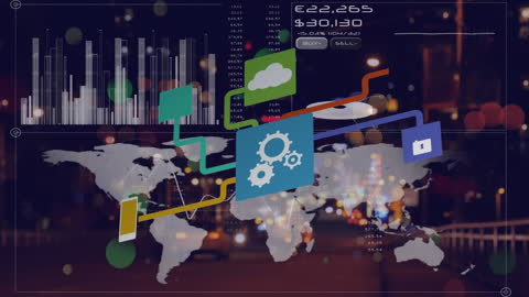 Digital Interface Over Night City with Data Processing Visuals
