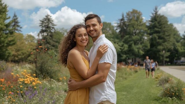 Happy Couple Hugging Amidst Wildflower Garden on Sunny Day