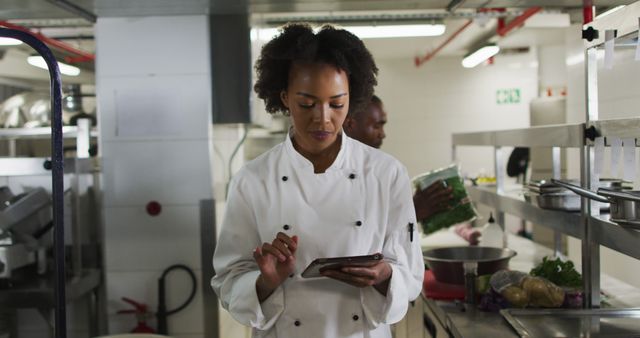 Female Chef Using Digital Tablet in Professional Kitchen - Download Free Stock Images Pikwizard.com