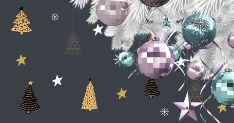Festive Christmas Baubles with Falling Snow Background