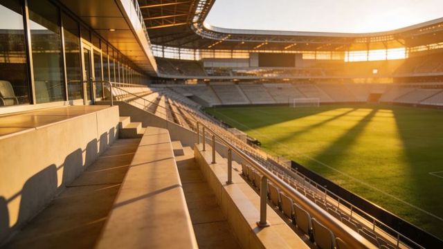 Empty modern stadium seating casting long golden shadows across green pitch at golden hour