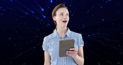 Woman with Tablet in Starry Space Scene