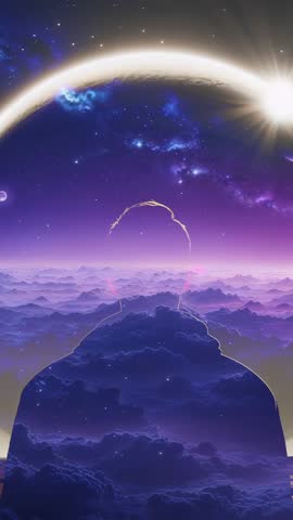 Hooded silhouette drifting into cosmic cloudscape with moon halo and glowing headphones