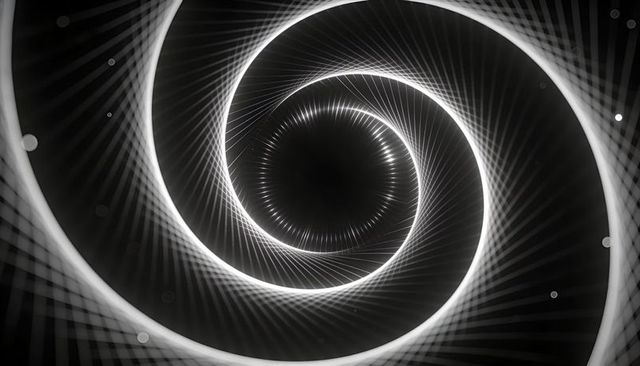 Abstract monochrome spiral vortex creating infinite geometric tunnel of light and motion