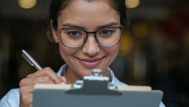 Young professional woman wearing glasses writing on clipboard in cafe with bokeh lights
