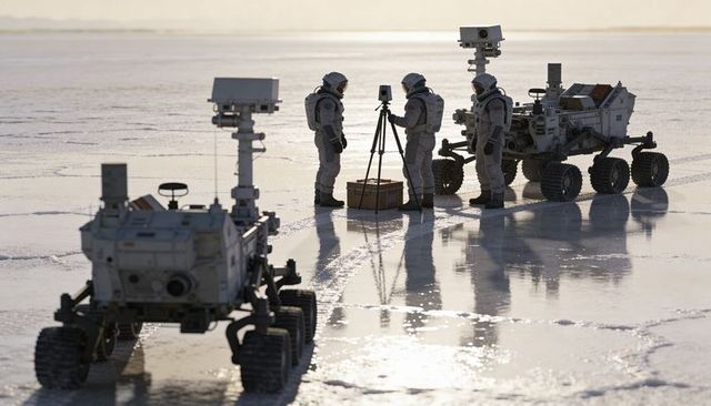 Planetary exploration crew surveying reflective salt plain with robotics rovers and tripod