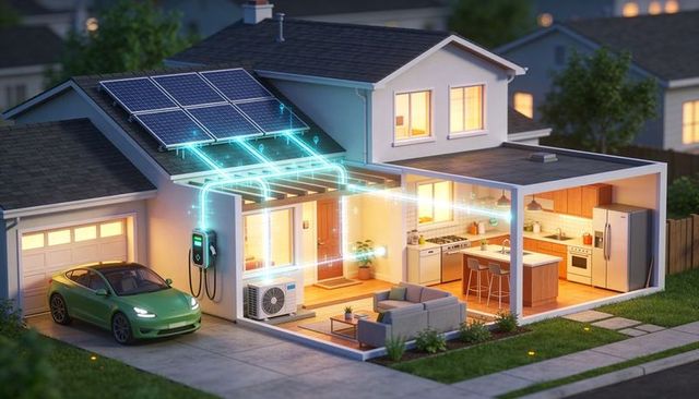 Suburban home routing solar power to ev charger and appliances at dusk