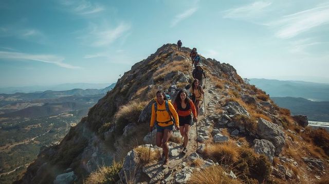 Group hiking rocky mountain ridge toward sunlit summit with backpacks and trekking poles