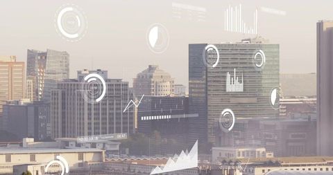 Futuristic Analytics Projections Over Cityscape