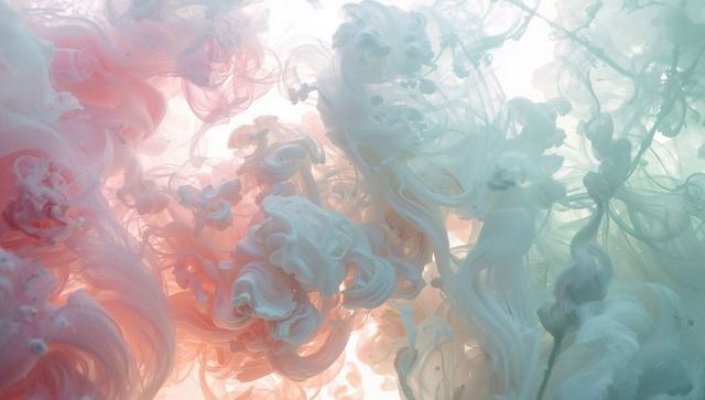 Swirling pastel ink plumes forming rosette clouds and wispy tendrils with soft backlight