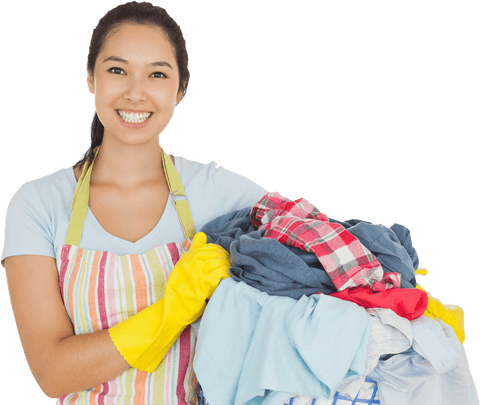 smiling woman carrying transparent laundry basket in yellow gloves - Download Free Stock Videos Pikwizard.com