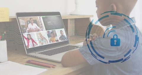 Child attending virtual classroom on laptop with cybersecurity lock overlay