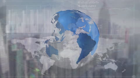 Digital Globe with Financial Data Overlaid on Cityscape