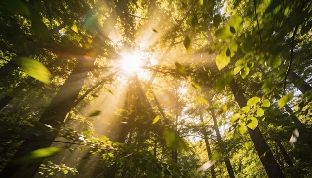 Sunbeams Piercing Misty Forest Canopy with Backlit Leaves and Warm Lens Flare, Morning Glow