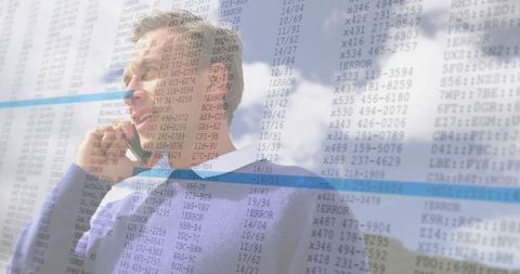 Business professional with smartphone and data overlay